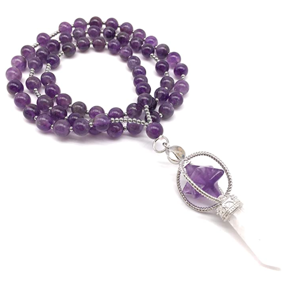 Purple Star Tetrahedron Necklace Crystal Merkaba Pendulum Healing Reiki Wand Pendant Wond Chain Sacred Geometry Kabbalah Jewelry 28in.