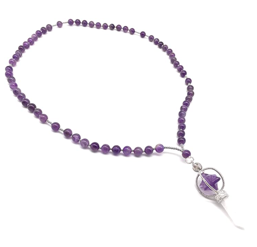 Purple Star Tetrahedron Necklace Crystal Merkaba Pendulum Healing Reiki Wand Pendant Wond Chain Sacred Geometry Kabbalah Jewelry 28in.