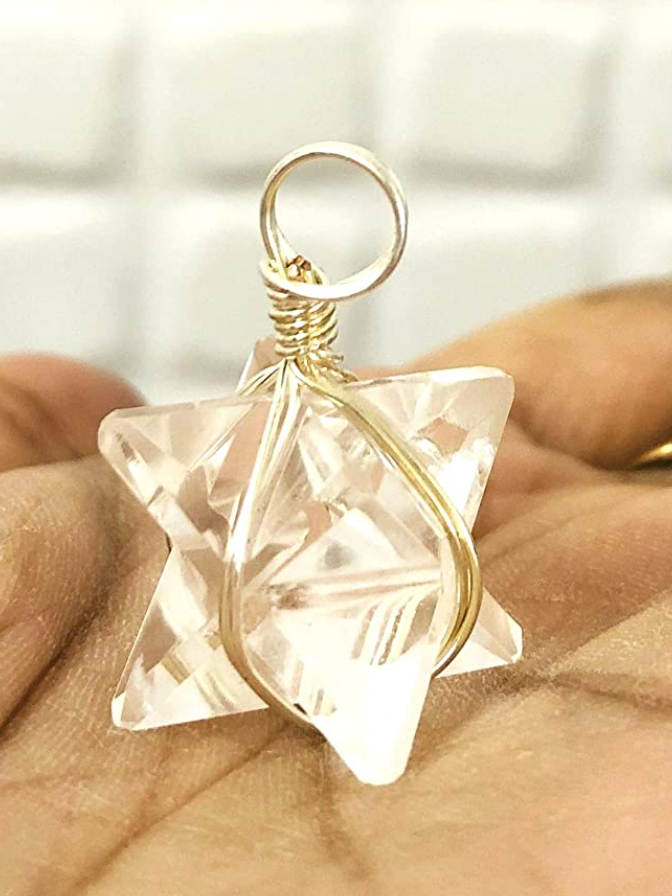 Natural Clear Quartz Merkaba Star Tetrahedron Pendant Necklace Pendulum Healing Reiki Pendant Chain Sacred Geometry Kabbalah Jewelry 1 inch.