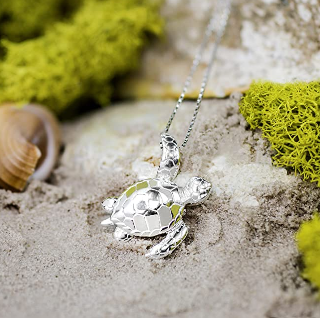 Turtle Necklace Honu Pendant Sea Turtle Beach Ocean Tropical Jewelry Hawaiian Gift 925 Sterling Silver Chain 20in.