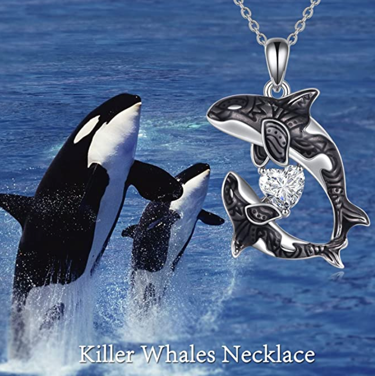 Diamond Orca Killer Whale 3D Necklace Pendant Killer Mother Baby Whale Family Beach Ocean Tropical Jewelry Hawaiian Chain Gift 925 Sterling Silver 20in.