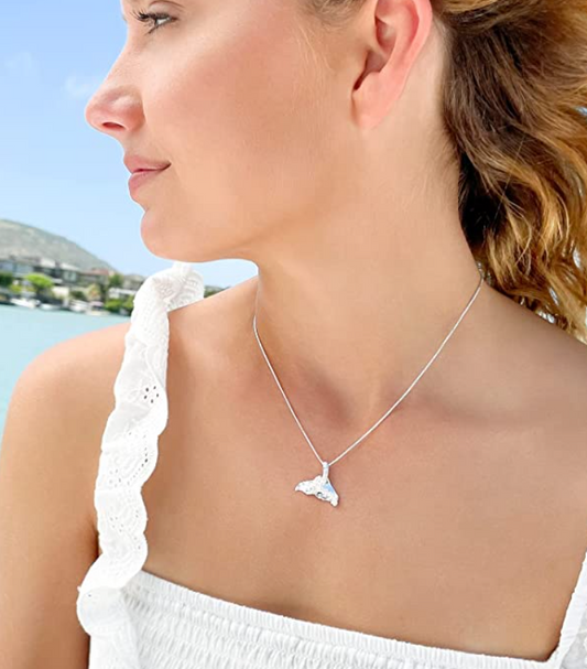 Whale Tail Lei Necklace Pendant Flower Whale Fin Beach Ocean Tropical Jewelry Hawaiian Gift 925 Sterling Silver 20in.