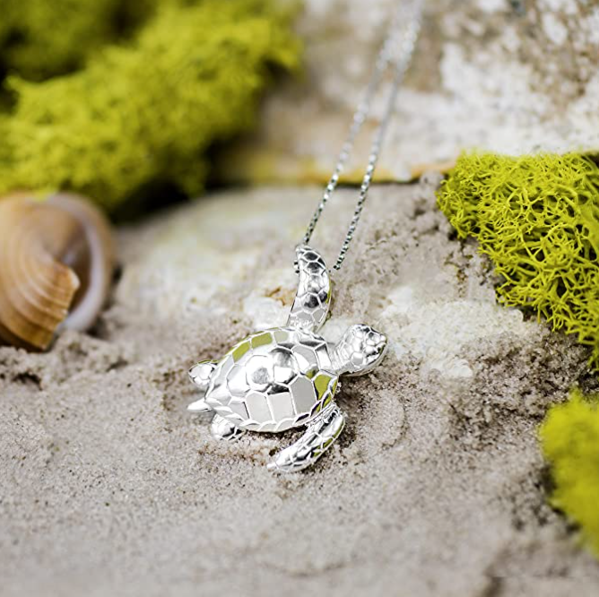 Turtle Honu Necklace Pendant Beach Ocean Tropical Sea Turtle Jewelry Hawaiian Chain Gift 925 Sterling Silver 20in.