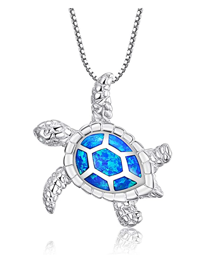 Blue Opal Sea Turtle Necklace Pendant Beach Ocean Tropical Green Turtle Jewelry Hawaiian Birthstone Chain Gift 925 Sterling Silver 20in.