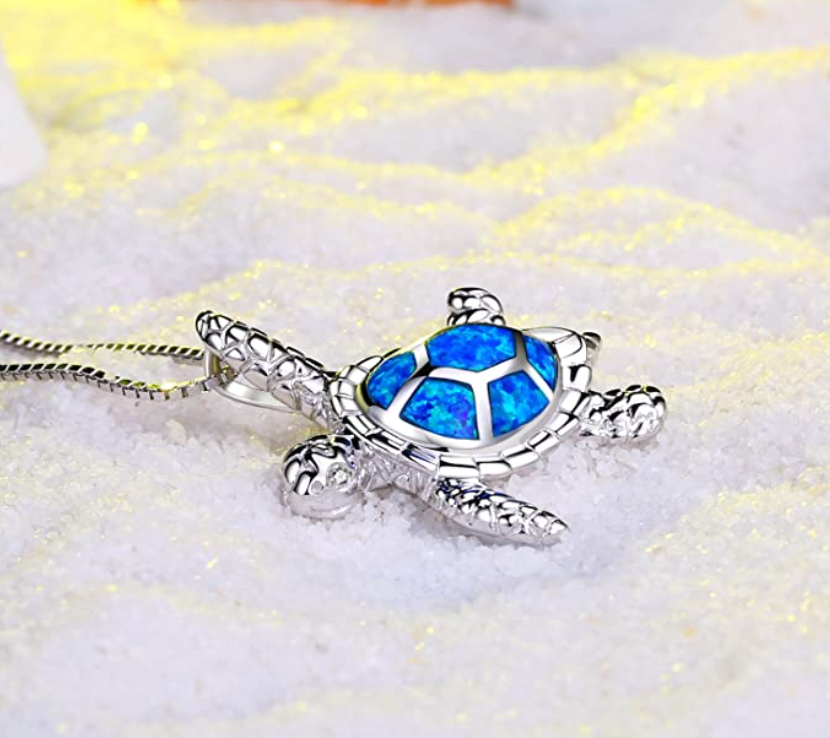 Blue Opal Sea Turtle Necklace Pendant Beach Ocean Tropical Green Turtle Jewelry Hawaiian Birthstone Chain Gift 925 Sterling Silver 20in.