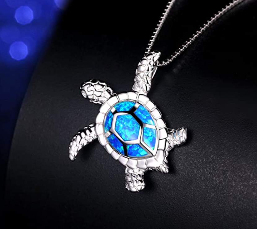 Blue Opal Sea Turtle Necklace Pendant Beach Ocean Tropical Green Turtle Jewelry Hawaiian Birthstone Chain Gift 925 Sterling Silver 20in.