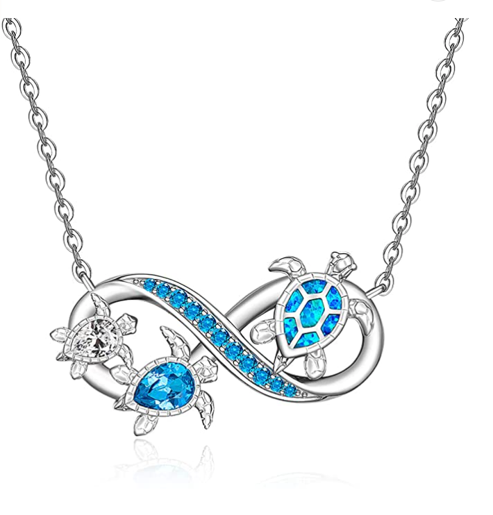 Blue Opal Diamond Infinity Turtle Necklace Pendant Beach Ocean Tropical Sea Turtle Baby Family Jewelry Hawaiian Chain Gift 925 Sterling Silver 20in.