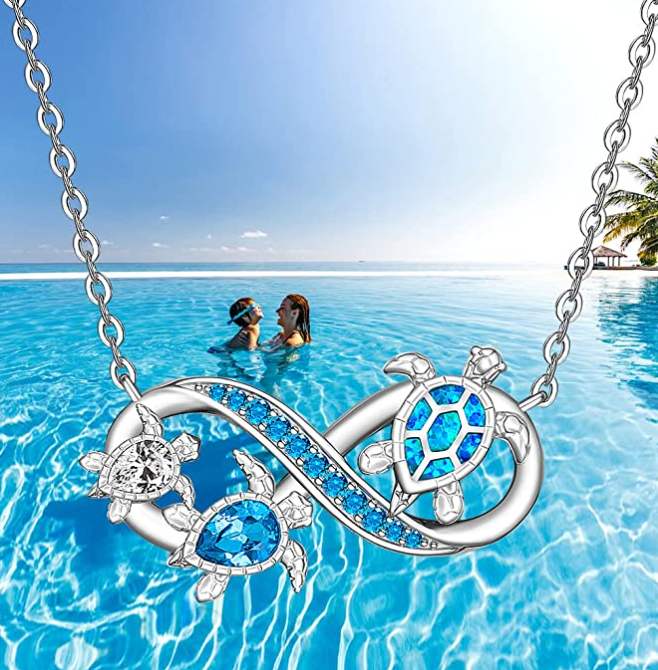 Blue Opal Diamond Infinity Turtle Necklace Pendant Beach Ocean Tropical Sea Turtle Baby Family Jewelry Hawaiian Chain Gift 925 Sterling Silver 20in.