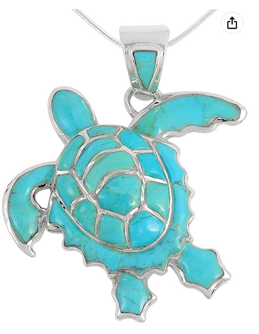 Genuine Gemstones Turtle Necklace Multi Color Pendant Beach Ocean Tropical Blue Sea Turtle Jewelry Hawaiian Chain Gift 925 Sterling Silver 20in.
