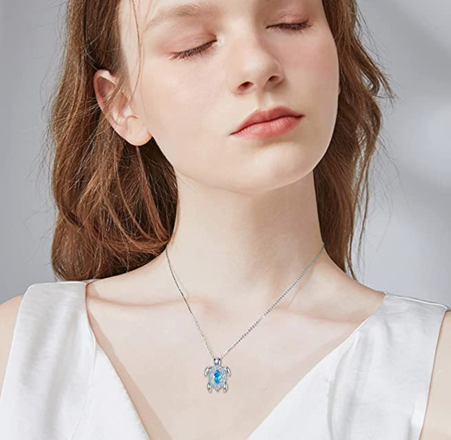 Blue Diamond Turtle Necklace Aquamarine Austrian Crystal Pendant Beach Ocean Tropical Sea Turtle Jewelry Hawaiian Chain Gift 925 Sterling Silver 20in.