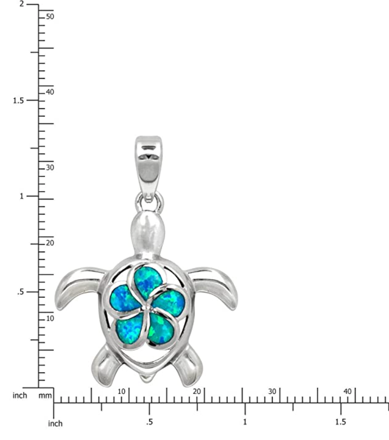 Blue Opal Flower Turtle Necklace Honu Pendant Beach Ocean Tropical Sea Turtle Jewelry Hawaiian Chain Gift 925 Sterling Silver 20in.