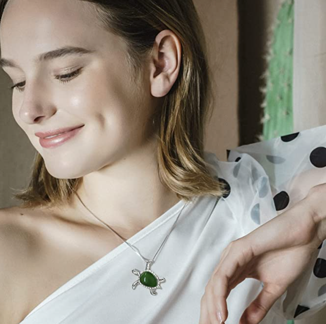 Green Jade Turtle Necklace Pendant Beach Ocean Tropical Sea Turtle Necklace Tortoise Jewelry Hawaiian Chain Gift 925 Sterling Silver 20in.