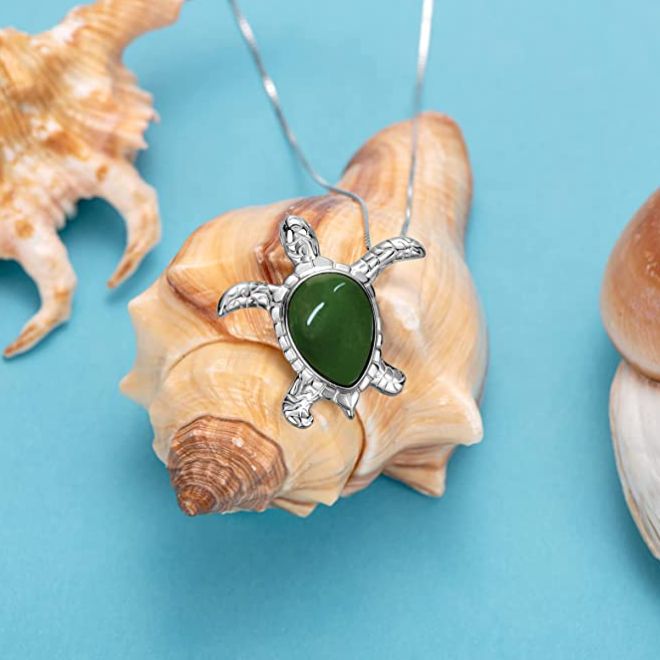 Green Jade Turtle Necklace Pendant Beach Ocean Tropical Sea Turtle Necklace Tortoise Jewelry Hawaiian Chain Gift 925 Sterling Silver 20in.