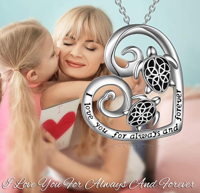 Tuttle Family Pendant Necklace Turtle Love Heart Jewelry Celtic Knot Gift 925 Sterling Silver Chain 20in.