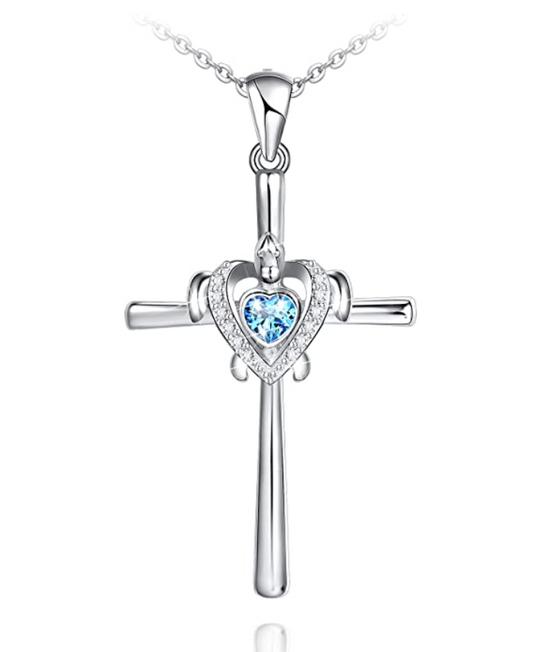 Blue Diamond Sea Turtle Cross Pendant Necklace Turtle Holy Cross Jewelry Gift 925 Sterling Silver Chain 20in.
