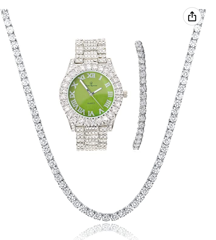 Womens Pink Dial Diamond Watch Set Ladies Silver Tennis Chain Bracelet Diamond Necklace Jewelry Hip Hop Watch Bust Down Roman Numerals Bling Red Green Color