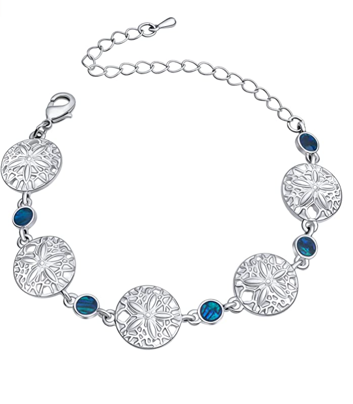 Sand Dollar Charm Bracelet Pendant Sand Dollar Beach Jewelry Anklet Abalone Shells Gift 925 Sterling Silver Chain 20in.