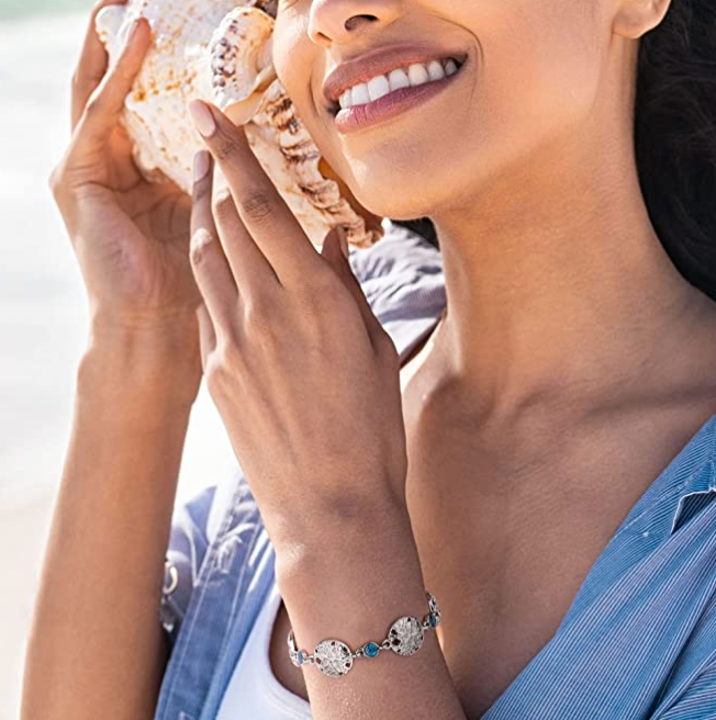 Sand Dollar Charm Bracelet Pendant Sand Dollar Beach Jewelry Anklet Abalone Shells Gift 925 Sterling Silver Chain 20in.