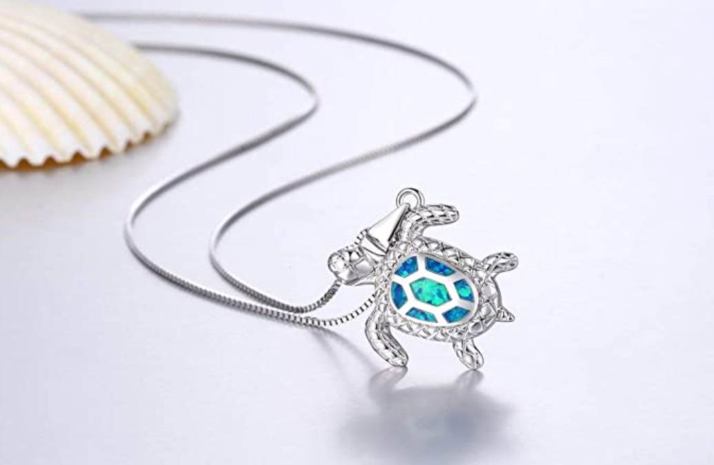 925 Sterling Silver Blue Opal Sea Turtle Pendant Necklace Turtle Jewelry Chain Gift 20in.