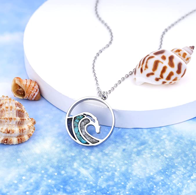 Blue Turquoise Water Wave Necklace White Howlite Pendant Surfer Beach Tropical Ocean Sea Jewelry Hawaiian Birthday Gift 925 Sterling Silver Chain 20in.