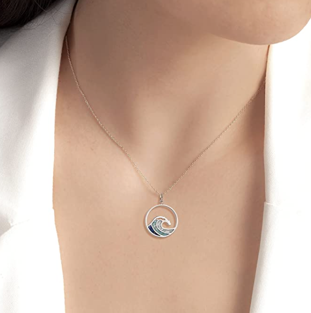 Blue Turquoise Water Wave Necklace White Howlite Pendant Surfer Beach Tropical Ocean Sea Jewelry Hawaiian Birthday Gift 925 Sterling Silver Chain 20in.