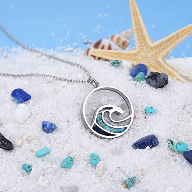 Blue Turquoise Water Wave Necklace White Howlite Pendant Surfer Beach Tropical Ocean Sea Jewelry Hawaiian Birthday Gift 925 Sterling Silver Chain 20in.