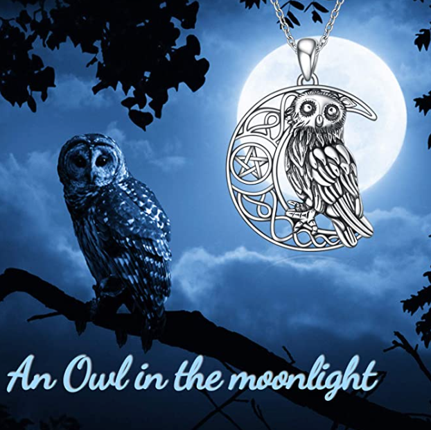 Celtic Owl Moon Star Pendant Necklace Owl Jewelry Birthday Gift 925 Sterling Silver Chain 20in.