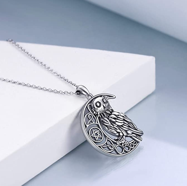 Celtic Owl Moon Star Pendant Necklace Owl Jewelry Birthday Gift 925 Sterling Silver Chain 20in.
