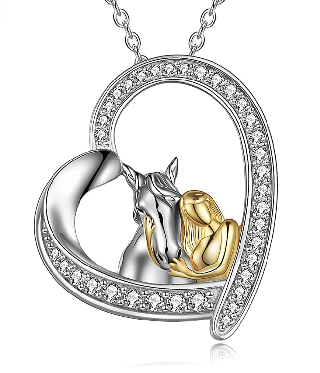 Cute Horse Love Pendant Diamond Heart Necklace Horse Farmer Jewelry Birthday Gift 925 Sterling Silver Chain 20in.