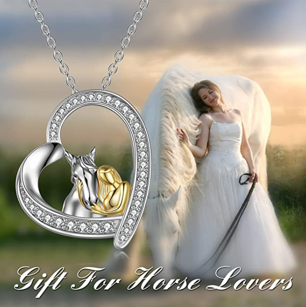 Cute Horse Love Pendant Diamond Heart Necklace Horse Farmer Jewelry Birthday Gift 925 Sterling Silver Chain 20in.