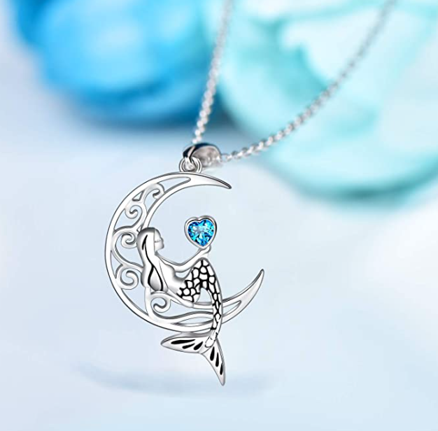 Cute Mermaid Moon Heart Necklace Love Pendant Diamond Mermaid Jewelry Birthday Gift 925 Sterling Silver Chain 20in.