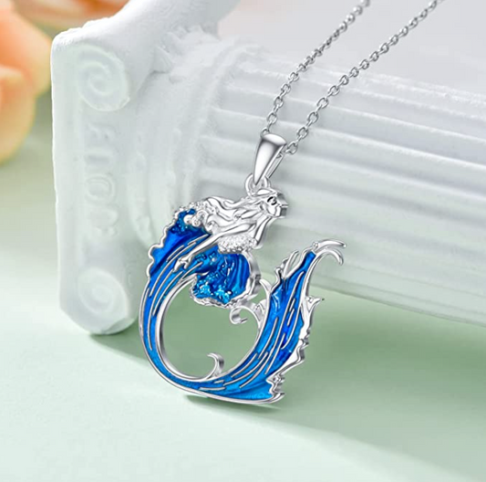 Blue Water Wave Mermaid Necklace Pendant Mermaid Beach Tropical Ocean Sea Jewelry Hawaiian Birthday Gift 925 Sterling Silver Chain 20in.