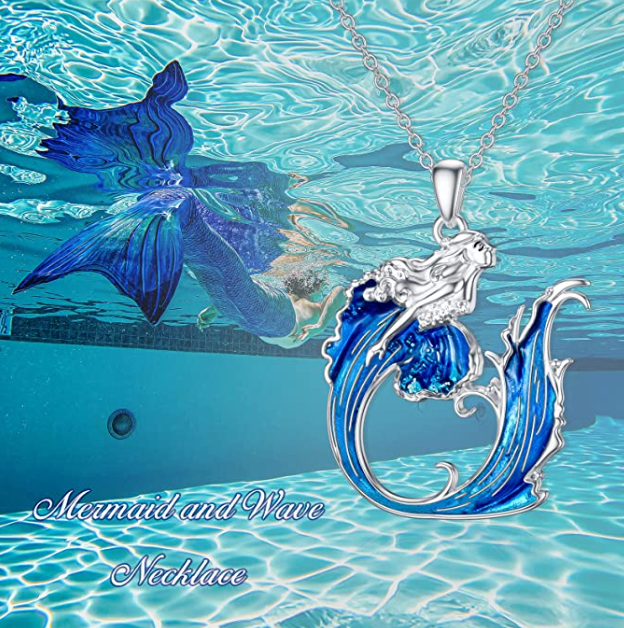 Blue Water Wave Mermaid Necklace Pendant Mermaid Beach Tropical Ocean Sea Jewelry Hawaiian Birthday Gift 925 Sterling Silver Chain 20in.