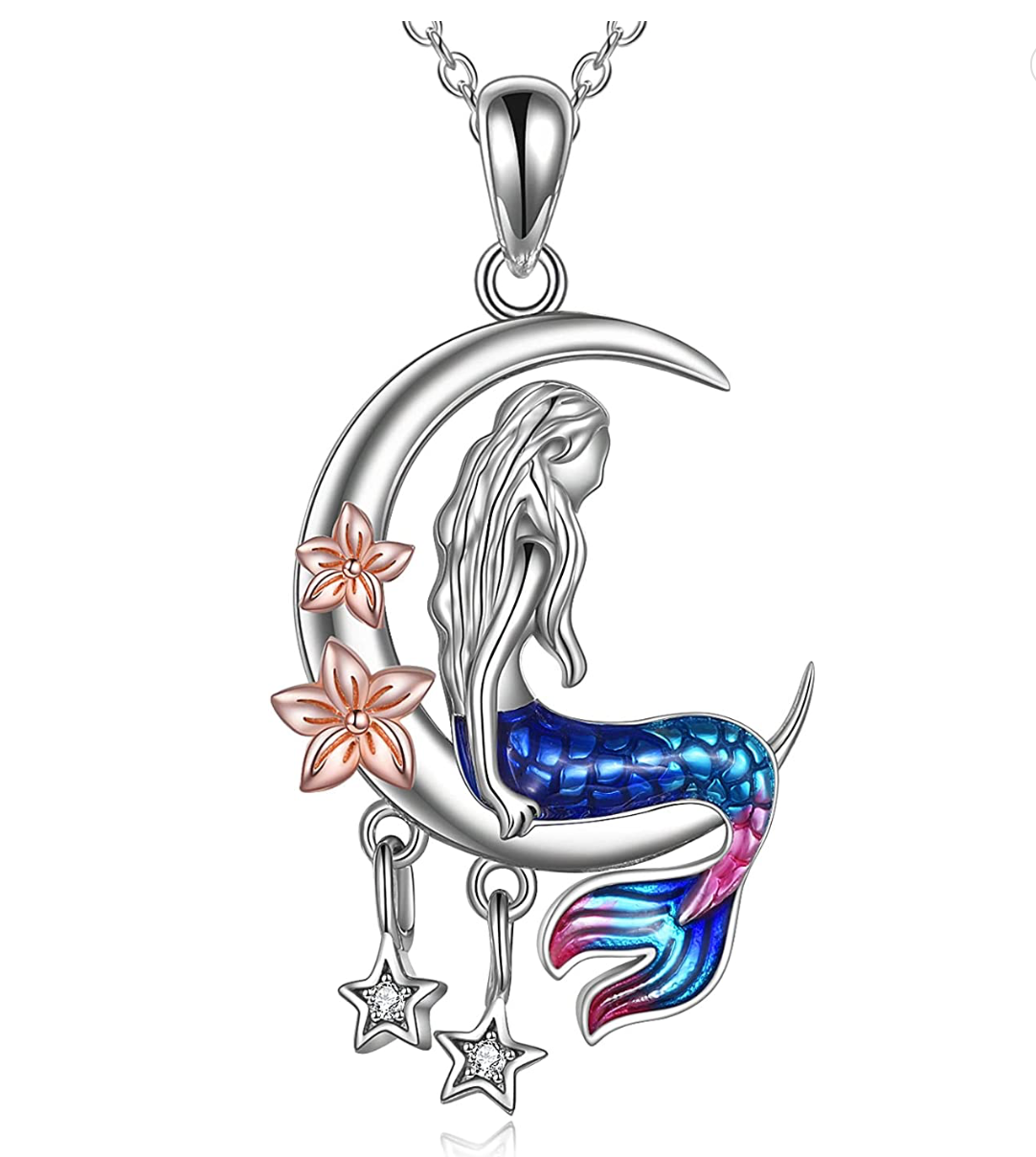 Flower Mermaid Crescent Moon Mermaid Pendant Mermaid Jewelry Birthday Gift Set 925 Sterling Silver Chain 18in.