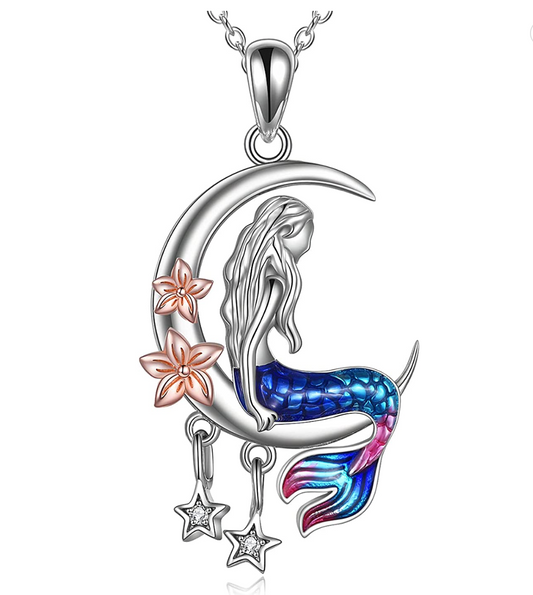 Flower Mermaid Crescent Moon Mermaid Pendant Mermaid Jewelry Birthday Gift Set 925 Sterling Silver Chain 18in.