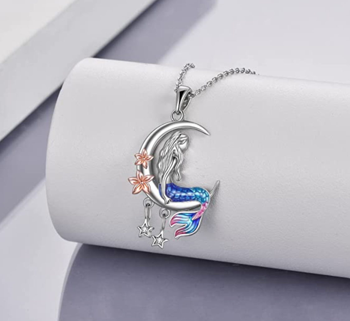 Flower Mermaid Crescent Moon Mermaid Pendant Mermaid Jewelry Birthday Gift Set 925 Sterling Silver Chain 18in.