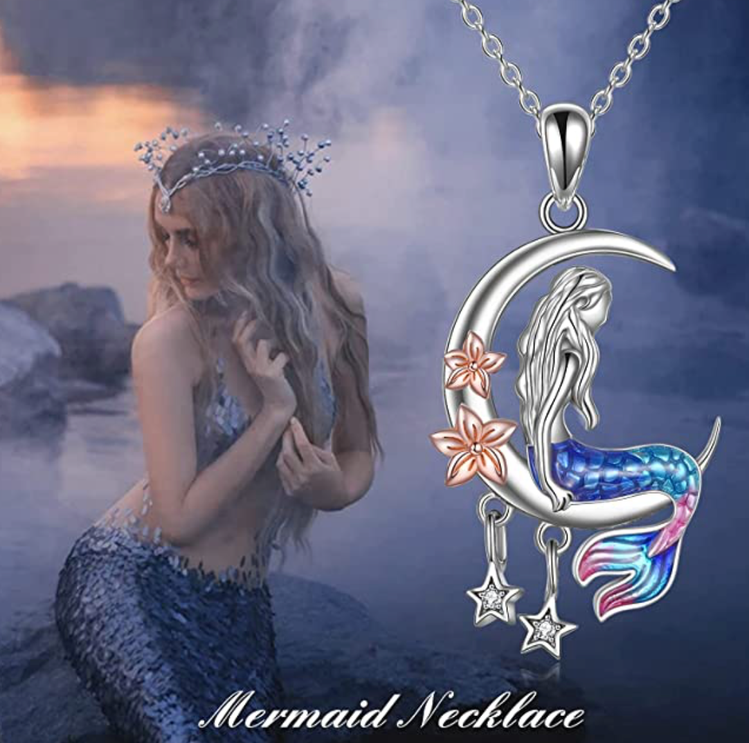 Flower Mermaid Crescent Moon Mermaid Pendant Mermaid Jewelry Birthday Gift Set 925 Sterling Silver Chain 18in.