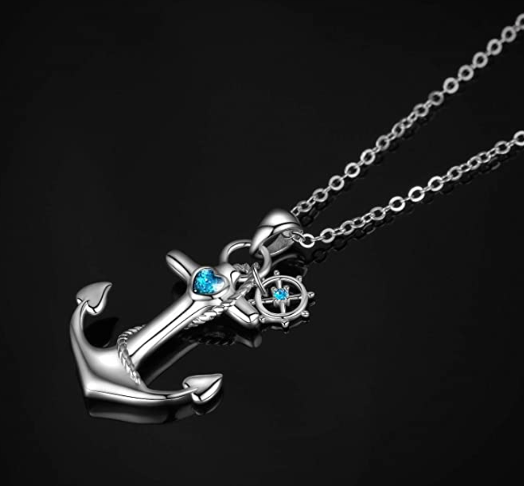 Anchor Necklace Diamond Heart Pendant Anchor Sailor Captain Jewelry Fisherman Birthday Gift 925 Sterling Silver Chain 18in.
