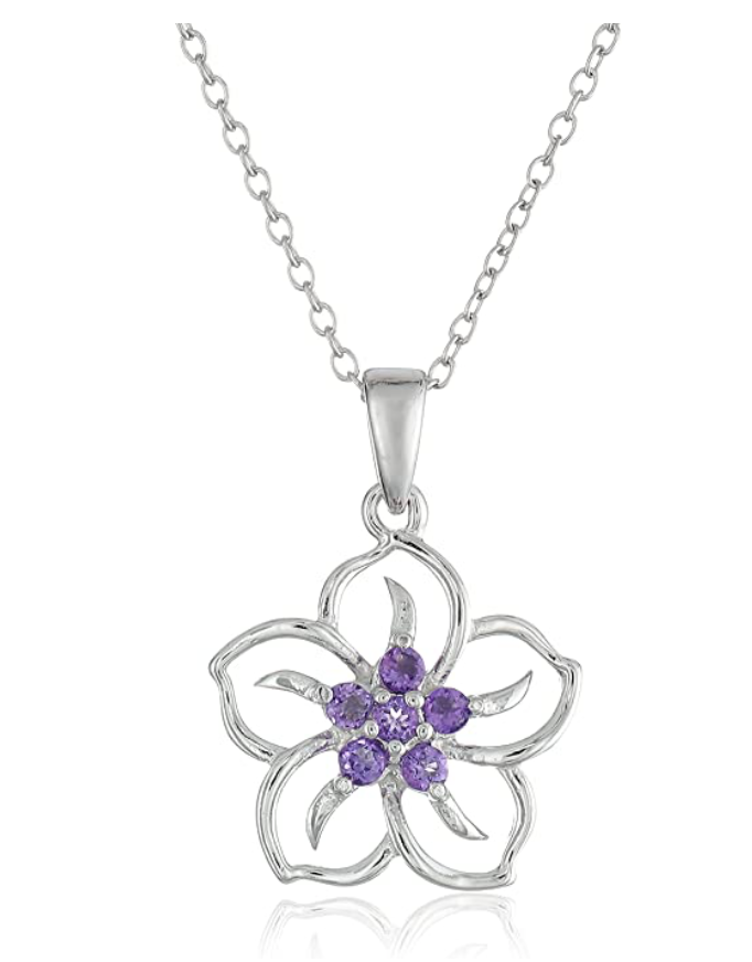 Hula Flower Birthstone Necklace Diamond Pendant Hawaiian Tropical Flower Jewelry Birthday Gift 925 Sterling Silver 18in.