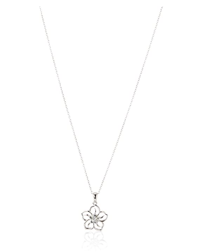 Hula Flower Birthstone Necklace Diamond Pendant Hawaiian Tropical Flower Jewelry Birthday Gift 925 Sterling Silver 18in.