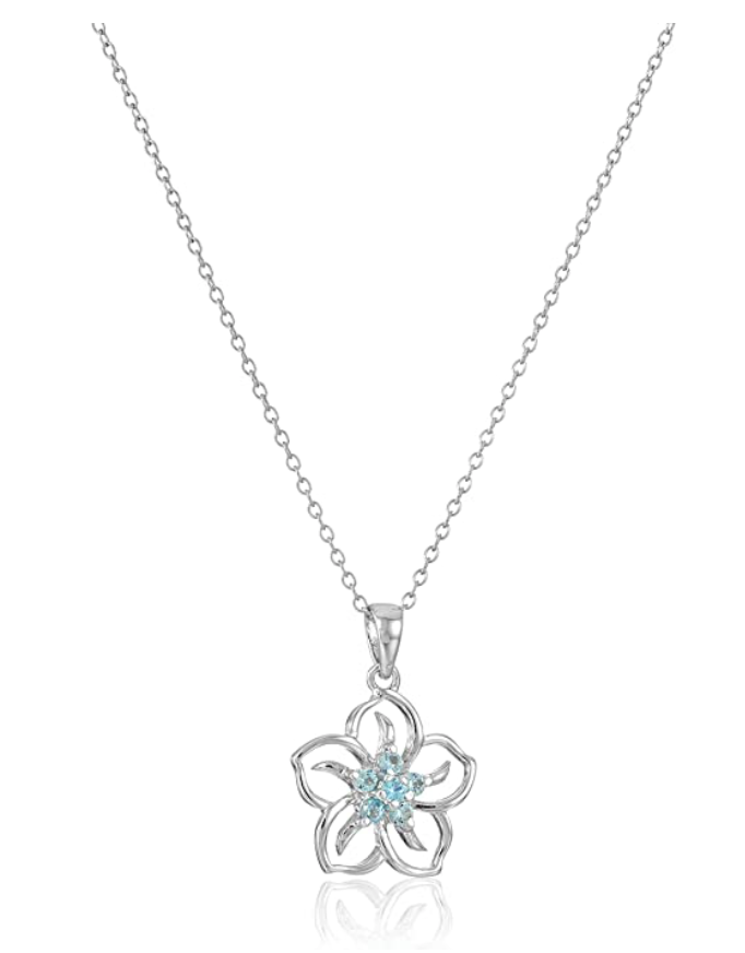 Hula Flower Birthstone Necklace Diamond Pendant Hawaiian Tropical Flower Jewelry Birthday Gift 925 Sterling Silver 18in.