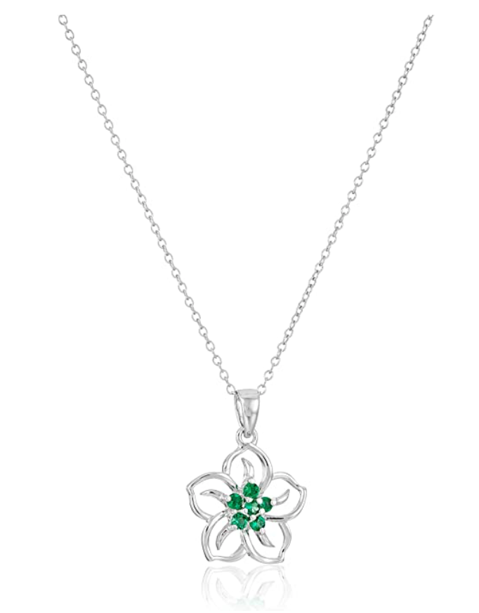 Hula Flower Birthstone Necklace Diamond Pendant Hawaiian Tropical Flower Jewelry Birthday Gift 925 Sterling Silver 18in.