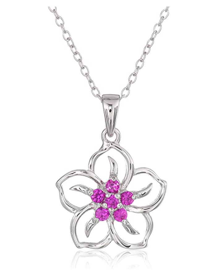 Hula Flower Birthstone Necklace Diamond Pendant Hawaiian Tropical Flower Jewelry Birthday Gift 925 Sterling Silver 18in.