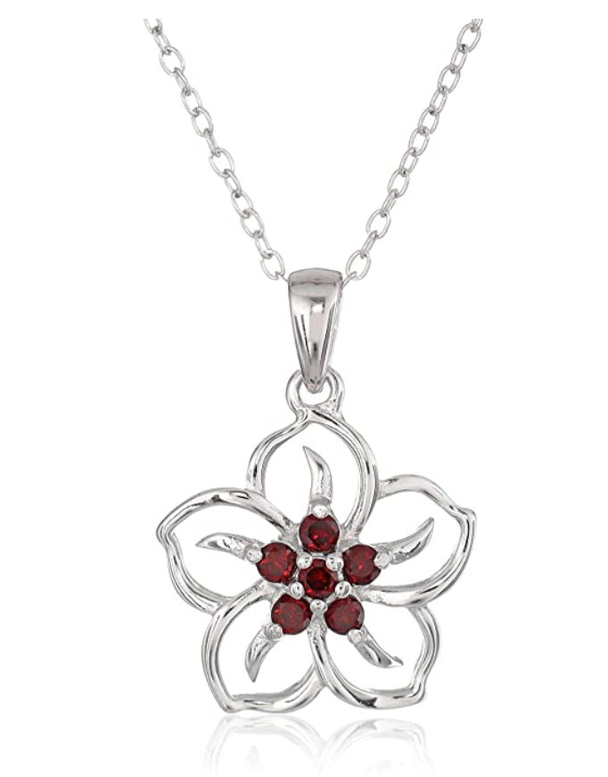 Hula Flower Birthstone Necklace Diamond Pendant Hawaiian Tropical Flower Jewelry Birthday Gift 925 Sterling Silver 18in.