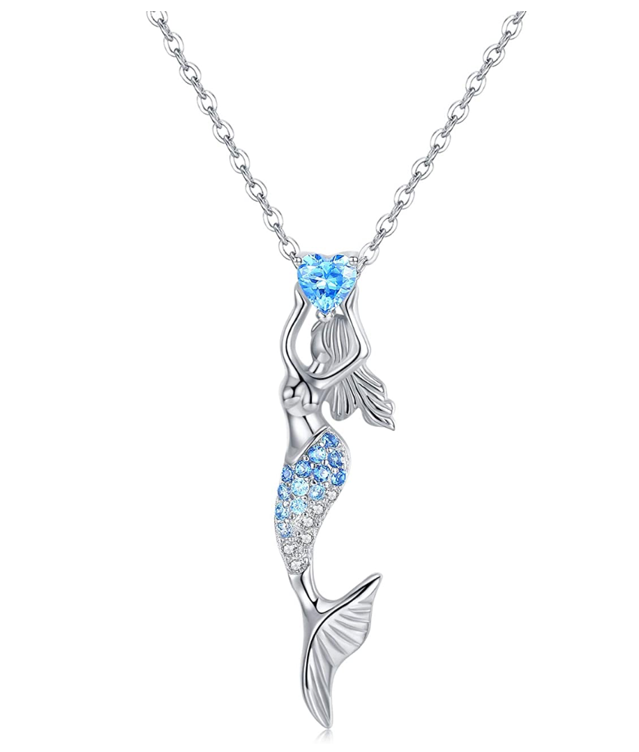 Blue Diamond Heart Mermaid Pendant Mermaid Hoop Earrings Jewelry Birthday Gift Set 925 Sterling Silver Chain 18in.