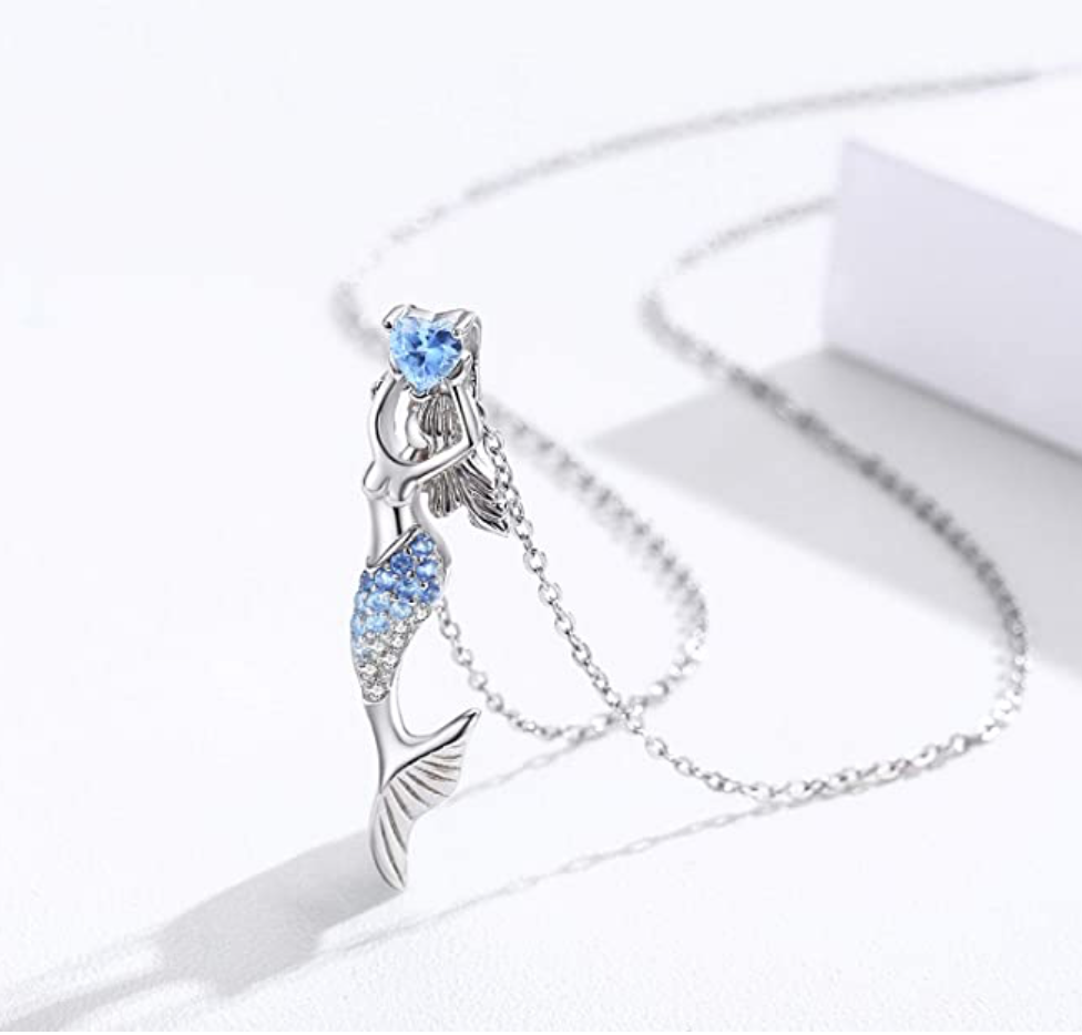 Blue Diamond Heart Mermaid Pendant Mermaid Hoop Earrings Jewelry Birthday Gift Set 925 Sterling Silver Chain 18in.