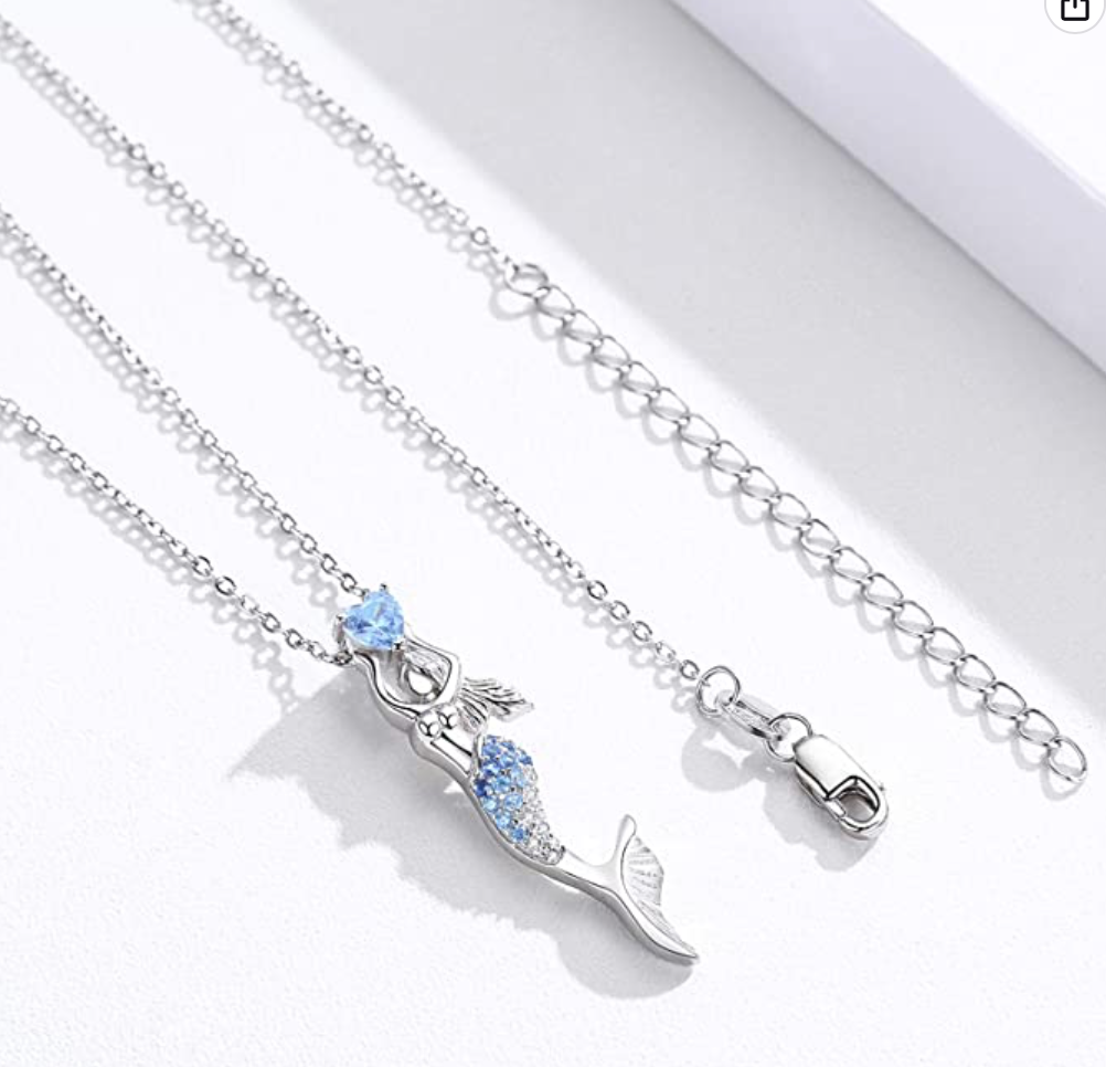 Blue Diamond Heart Mermaid Pendant Mermaid Hoop Earrings Jewelry Birthday Gift Set 925 Sterling Silver Chain 18in.