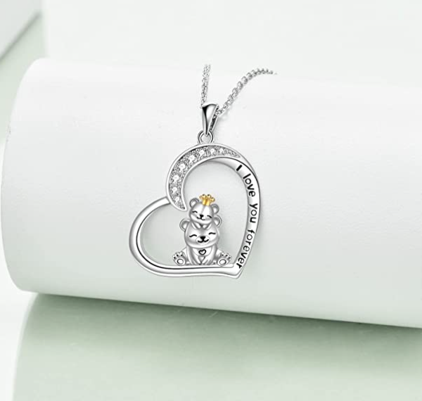 Diamond Heart Bear Family Necklace Pendant Love Bear Jewelry Women Mom Wife Daughter Gift 925 Sterling Silver 18in.