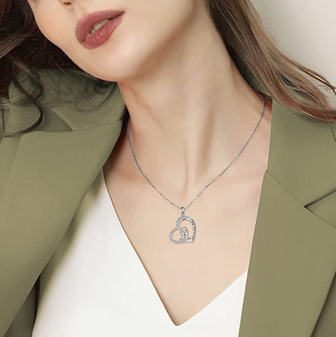 Diamond Heart Bear Family Necklace Pendant Love Bear Jewelry Women Mom Wife Daughter Gift 925 Sterling Silver 18in.