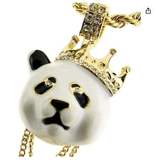 Iced Out King Panda Bear Diamond Necklace Pendant Gold Crown Bear Hip Hop Jewelry Gift 24in.